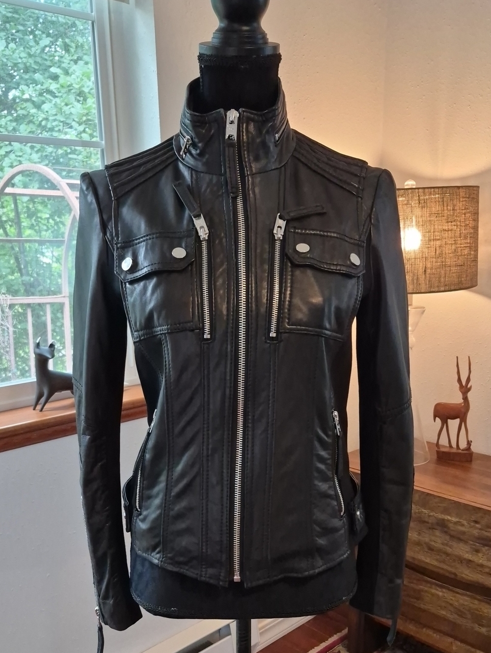 MICHAEL MICHAEL KORS Leather Moto Brandy Jacket XS Black